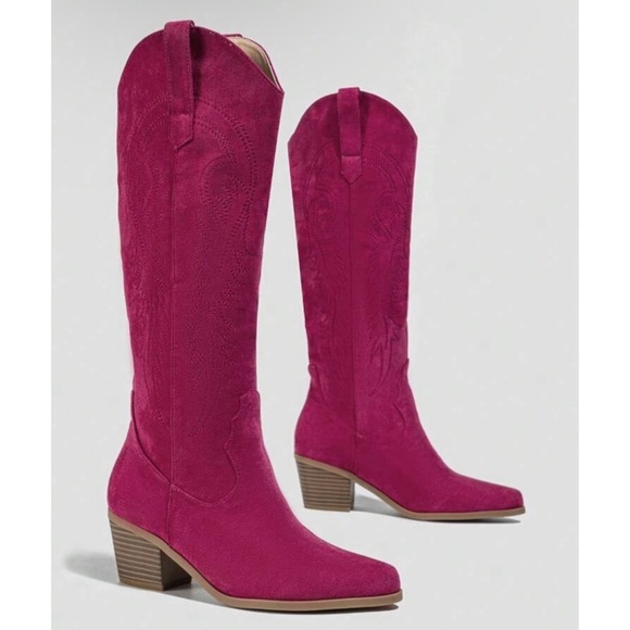 Shoes - Women's Pink Below Knee Suede Western Boots